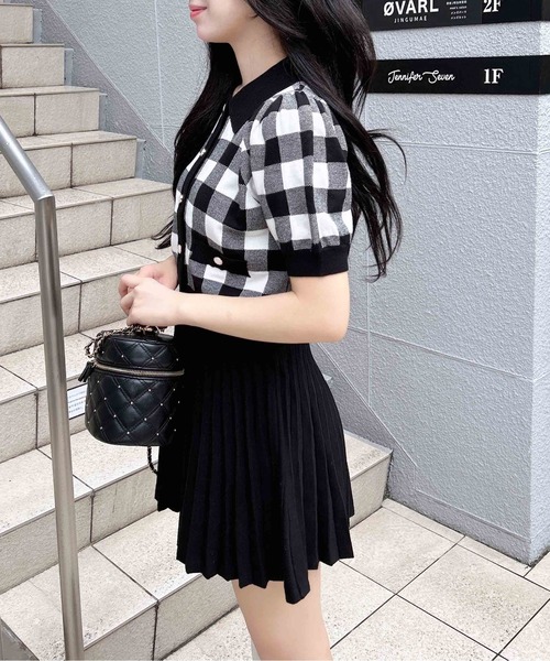 襟付チェック柄半袖ニットカーディガン＋ミニスカパン