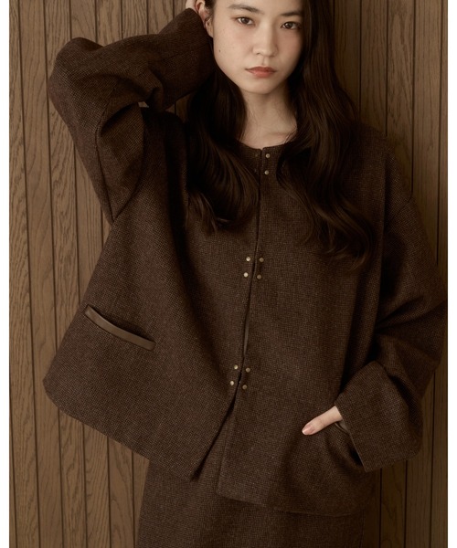 セットアップ可能】ツイードチェックノーカラージャケット（ノーカラー