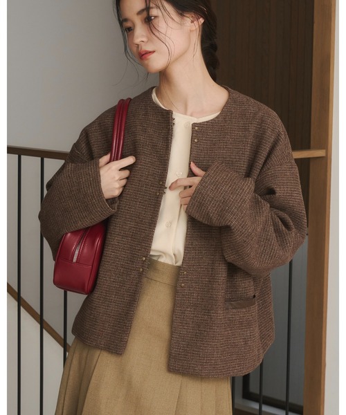 セットアップ可能】ツイードチェックノーカラージャケット（ノーカラー