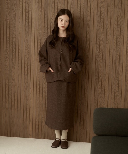 セットアップ可能】ツイードチェックノーカラージャケット（ノーカラー