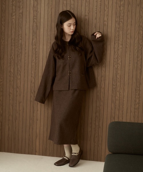 セットアップ可能】ツイードチェックノーカラージャケット（ノーカラー