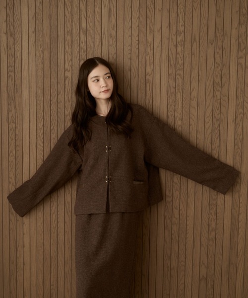 セットアップ可能】ツイードチェックノーカラージャケット（ノーカラー