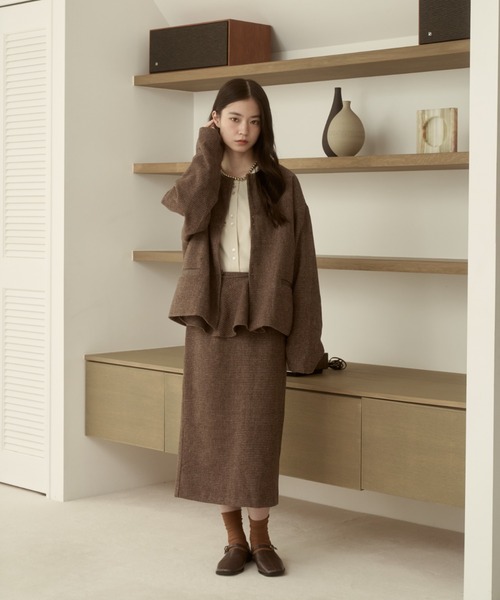 セットアップ可能】ツイードチェックノーカラージャケット（ノーカラー