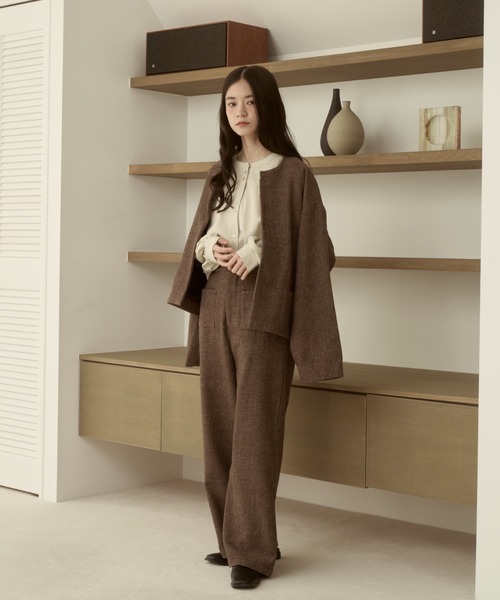 セットアップ可能】ツイードチェックノーカラージャケット（ノーカラー