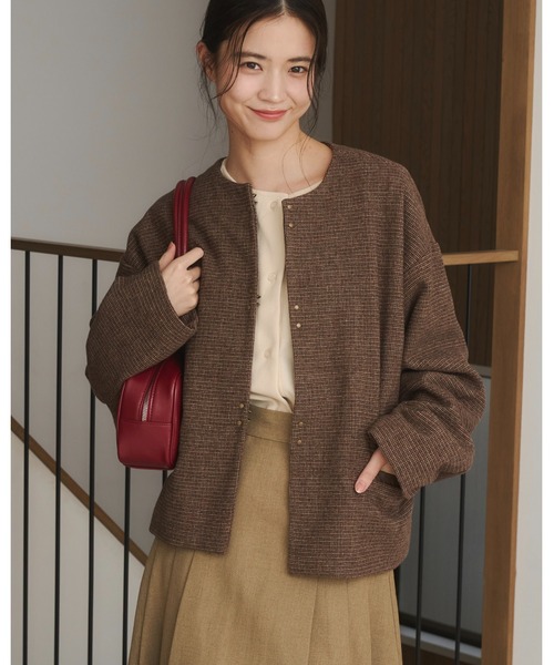 セットアップ可能】ツイードチェックノーカラージャケット（ノーカラー