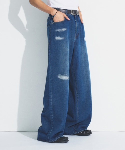 Adoon plain（アドーンプレーン）の「ASSORTED BASIC WIDE DENIM PANTS / アソートベーシックワイドデニムパンツ（無地・ダメージ）（デニムパンツ・メンズ・ブラック/その他/ライトブルー/インディゴブルー・MEDIUM/SMALL/LARGE）」の3枚目の写真