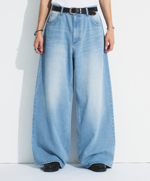 Adoon plain（アドーンプレーン）の「ASSORTED BASIC WIDE DENIM PANTS / アソートベーシックワイドデニムパンツ（無地・ダメージ）（デニムパンツ・メンズ・ブラック/その他/ライトブルー/インディゴブルー・MEDIUM/SMALL/LARGE）」の2枚目の写真