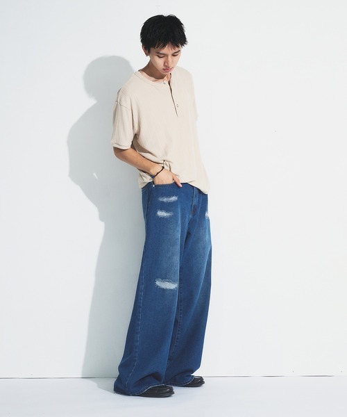 Adoon plain（アドーンプレーン）の「ASSORTED BASIC WIDE DENIM PANTS / アソートベーシックワイドデニムパンツ（無地・ダメージ）（デニムパンツ・メンズ・ブラック/その他/ライトブルー/インディゴブルー・MEDIUM/SMALL/LARGE）」の17枚目の写真
