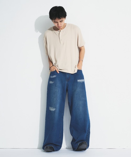 Adoon plain（アドーンプレーン）の「ASSORTED BASIC WIDE DENIM PANTS / アソートベーシックワイドデニムパンツ（無地・ダメージ）（デニムパンツ・メンズ・ブラック/その他/ライトブルー/インディゴブルー・MEDIUM/SMALL/LARGE）」の20枚目の写真