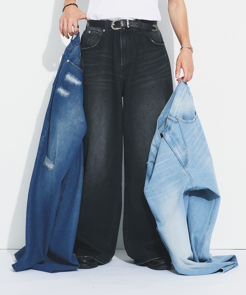 Adoon plain（アドーンプレーン）の「ASSORTED BASIC WIDE DENIM PANTS / アソートベーシックワイドデニムパンツ（無地・ダメージ）（デニムパンツ・メンズ・ブラック/その他/ライトブルー/インディゴブルー・MEDIUM/SMALL/LARGE）」の13枚目の写真