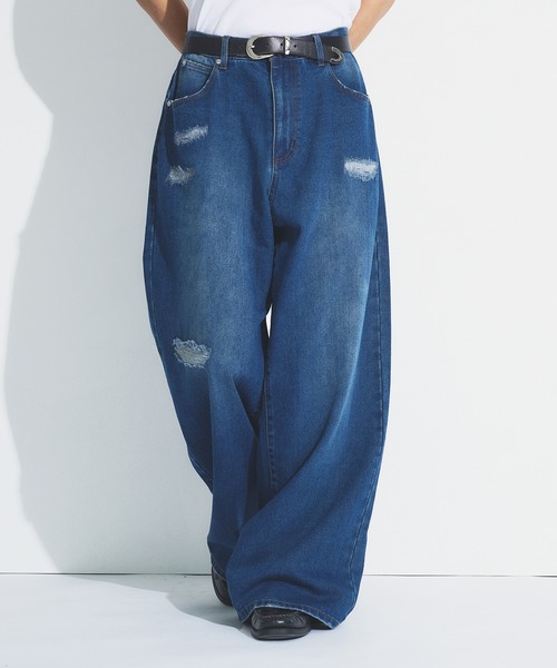 Adoon plain（アドーンプレーン）の「ASSORTED BASIC WIDE DENIM PANTS / アソートベーシックワイドデニムパンツ（無地・ダメージ）（デニムパンツ・メンズ・ブラック/その他/ライトブルー/インディゴブルー・MEDIUM/SMALL/LARGE）」の5枚目の写真