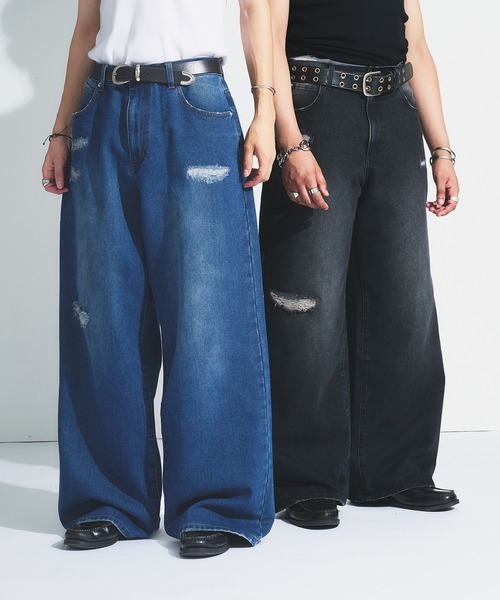 Adoon plain（アドーンプレーン）の「ASSORTED BASIC WIDE DENIM PANTS / アソートベーシックワイドデニムパンツ（無地・ダメージ）（デニムパンツ・メンズ・ブラック/その他/ライトブルー/インディゴブルー・MEDIUM/SMALL/LARGE）」の6枚目の写真