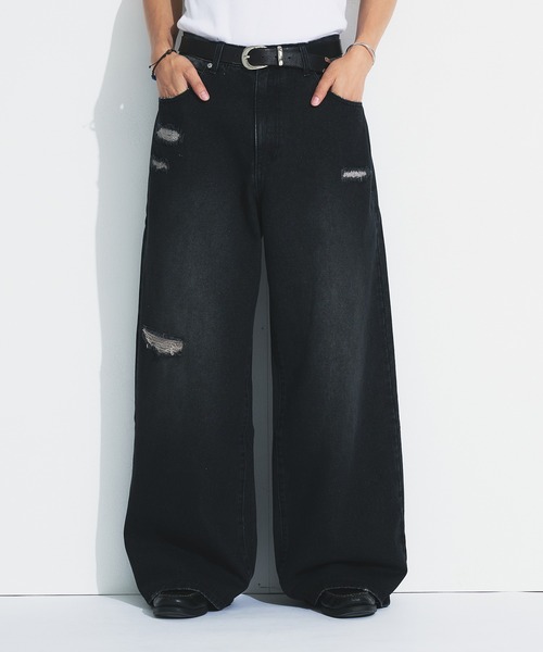 Adoon plain（アドーンプレーン）の「ASSORTED BASIC WIDE DENIM PANTS / アソートベーシックワイドデニムパンツ（無地・ダメージ）（デニムパンツ・メンズ・ブラック/その他/ライトブルー/インディゴブルー・MEDIUM/SMALL/LARGE）」の8枚目の写真