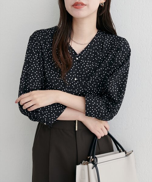 美品＊23区 パールモチーフVネックブラウス 48 大きいサイズ ネイビー 長袖