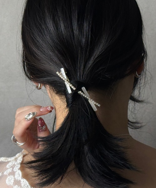 セール】クロスパールクリップ2個セット（バレッタ/ヘアクリップ