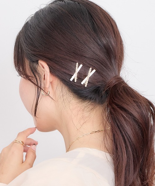 セール】クロスパールクリップ2個セット（バレッタ/ヘアクリップ