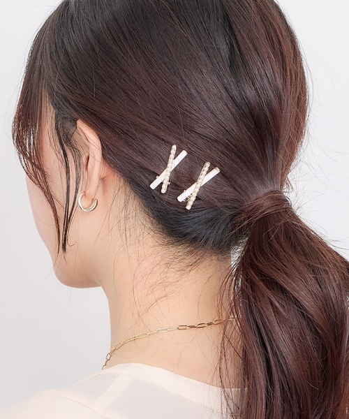 セール】クロスパールクリップ2個セット（バレッタ/ヘアクリップ