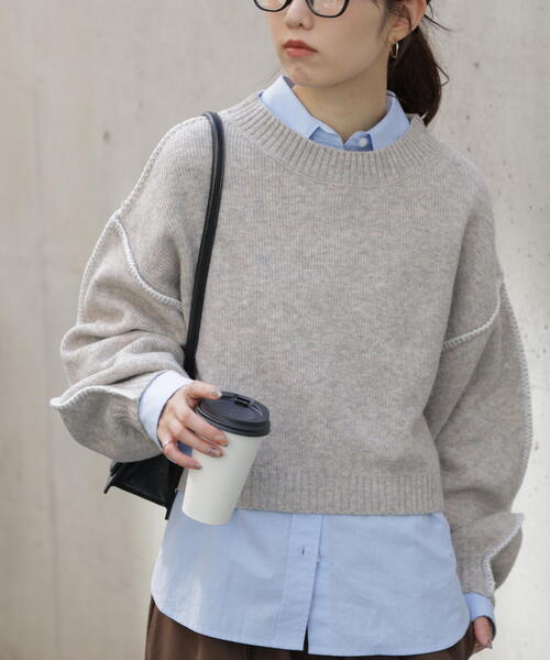 FREE'S MART（フリーズマート）の「◆杢ストレッチ総針配色ステッチニット（ニット/セーター・レディース・ブルー/グレー/グリーン/パープル/ベージュ・FREE）」の3枚目の写真