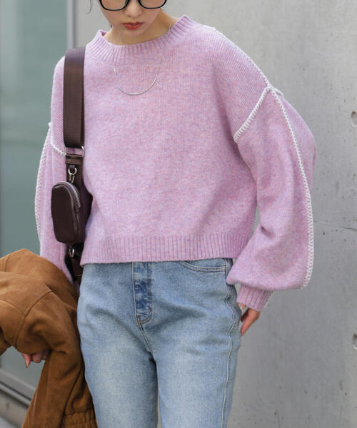 FREE'S MART（フリーズマート）の「◆杢ストレッチ総針配色ステッチニット（ニット/セーター・レディース・ブルー/グレー/グリーン/パープル/ベージュ・FREE）」の5枚目の写真