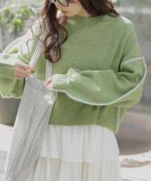 ◆杢ストレッチ総針配色ステッチニット