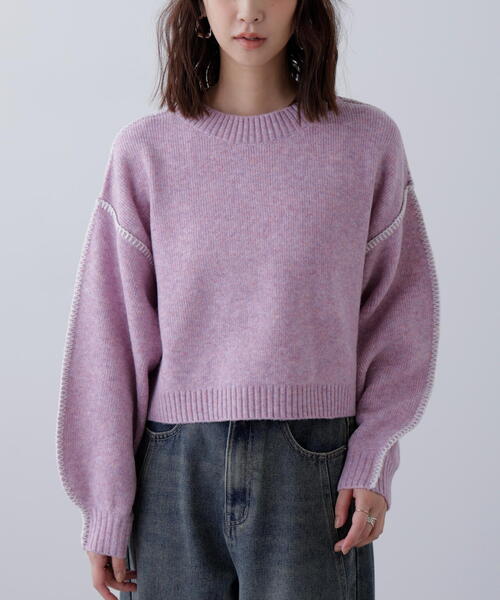 FREE'S MART（フリーズマート）の「◆杢ストレッチ総針配色ステッチニット（ニット/セーター・レディース・ブルー/グレー/グリーン/パープル/ベージュ・FREE）」の10枚目の写真