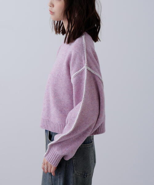 FREE'S MART（フリーズマート）の「◆杢ストレッチ総針配色ステッチニット（ニット/セーター・レディース・ブルー/グレー/グリーン/パープル/ベージュ・FREE）」の9枚目の写真