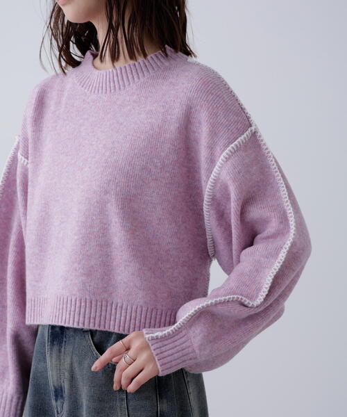 FREE'S MART（フリーズマート）の「◆杢ストレッチ総針配色ステッチニット（ニット/セーター・レディース・ブルー/グレー/グリーン/パープル/ベージュ・FREE）」の6枚目の写真