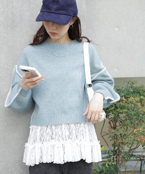 FREE'S MART（フリーズマート）の「◆杢ストレッチ総針配色ステッチニット（ニット/セーター・レディース・ブルー/グレー/グリーン/パープル/ベージュ・FREE）」の7枚目の写真