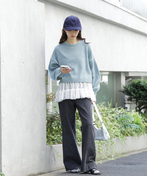 FREE'S MART（フリーズマート）の「◆杢ストレッチ総針配色ステッチニット（ニット/セーター・レディース・ブルー/グレー/グリーン/パープル/ベージュ・FREE）」の8枚目の写真