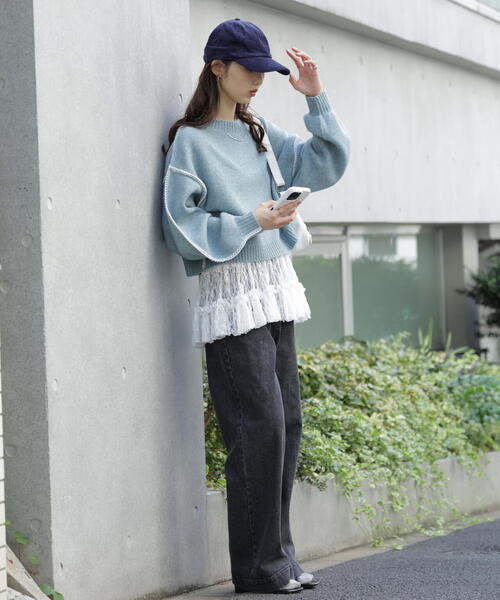 FREE'S MART（フリーズマート）の「◆杢ストレッチ総針配色ステッチニット（ニット/セーター・レディース・ブルー/グレー/グリーン/パープル/ベージュ・FREE）」の10枚目の写真