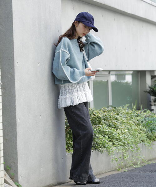 FREE'S MART（フリーズマート）の「◆杢ストレッチ総針配色ステッチニット（ニット/セーター・レディース・ブルー/グレー/グリーン/パープル/ベージュ・FREE）」の11枚目の写真