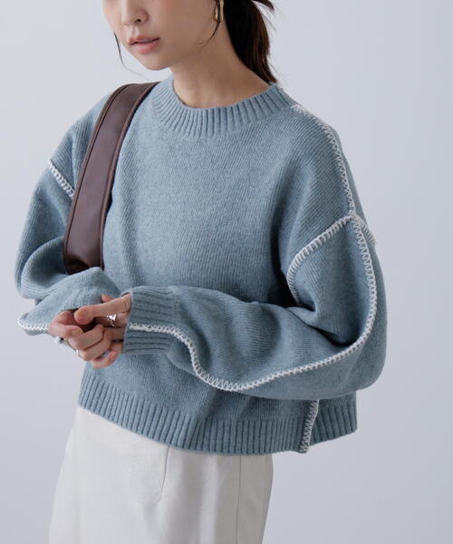 FREE'S MART（フリーズマート）の「◆杢ストレッチ総針配色ステッチニット（ニット/セーター・レディース・ブルー/グレー/グリーン/パープル/ベージュ・FREE）」の12枚目の写真