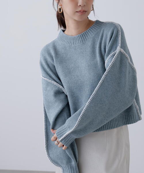 FREE'S MART（フリーズマート）の「◆杢ストレッチ総針配色ステッチニット（ニット/セーター・レディース・ブルー/グレー/グリーン/パープル/ベージュ・FREE）」の15枚目の写真