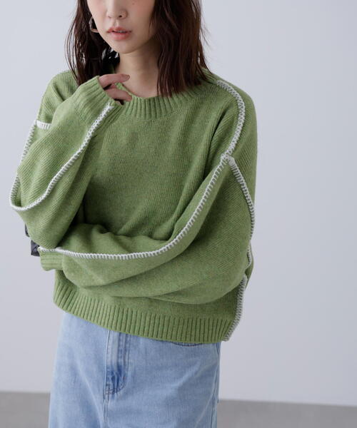 FREE'S MART（フリーズマート）の「◆杢ストレッチ総針配色ステッチニット（ニット/セーター・レディース・ブルー/グレー/グリーン/パープル/ベージュ・FREE）」の22枚目の写真