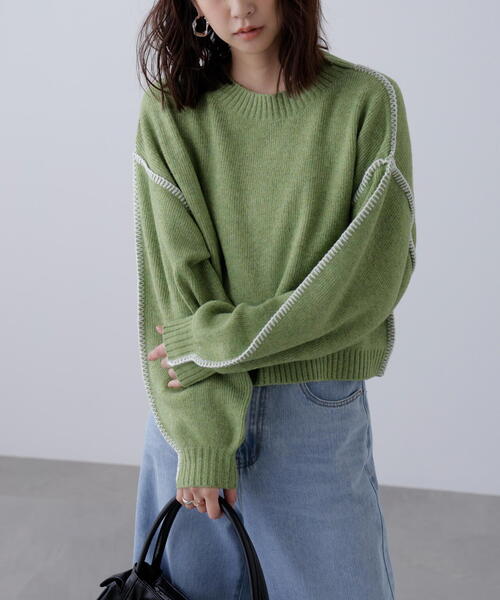 FREE'S MART（フリーズマート）の「◆杢ストレッチ総針配色ステッチニット（ニット/セーター・レディース・ブルー/グレー/グリーン/パープル/ベージュ・FREE）」の21枚目の写真