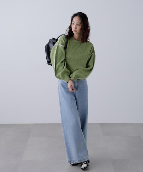 FREE'S MART（フリーズマート）の「◆杢ストレッチ総針配色ステッチニット（ニット/セーター・レディース・ブルー/グレー/グリーン/パープル/ベージュ・FREE）」の15枚目の写真