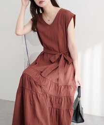 Vネックギャザー切替ワンピース