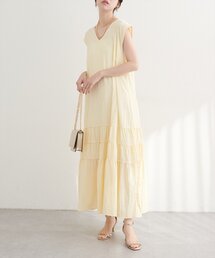 Vネックギャザー切替ワンピース