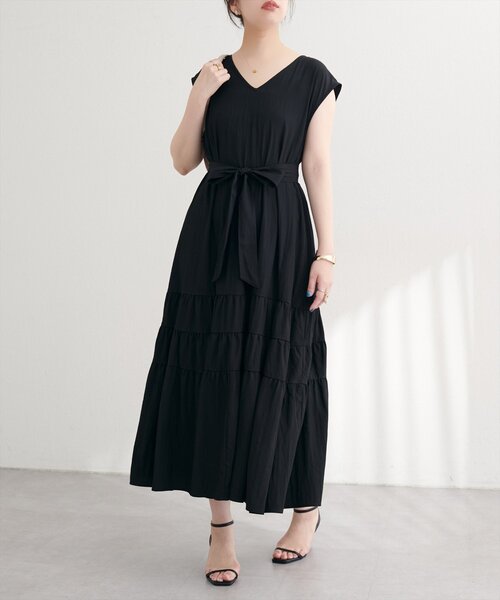 Vネックギャザー切替ワンピース（ワンピース）｜natural couture