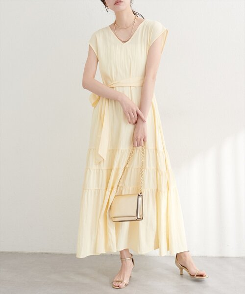 Vネックギャザー切替ワンピース（ワンピース）｜natural couture