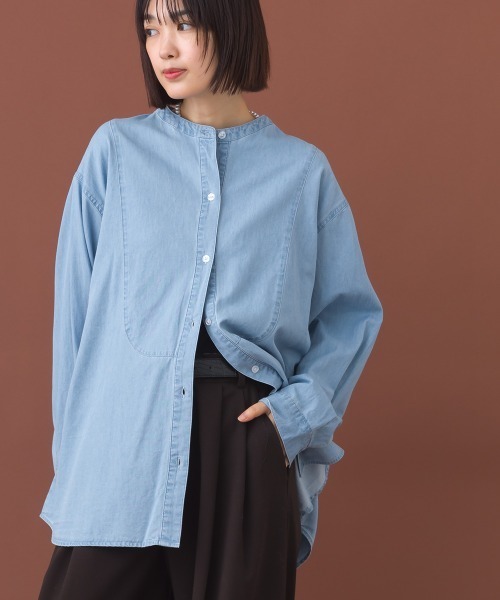 OMNES（オムネス）の「シャンブレーヨーク切替バンドカラー長袖シャツ（シャツ/ブラウス・レディース・ライトブルー/ダークブルー・FREE）」の11枚目の写真