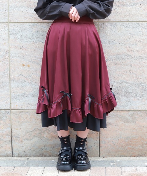 axes femme（アクシーズファム）の「ハシゴレース×リボン配色スカート（スカート・レディース・ブルーグリーン/ブラウン/ブラック/ワイン・FREE）」の4枚目の写真