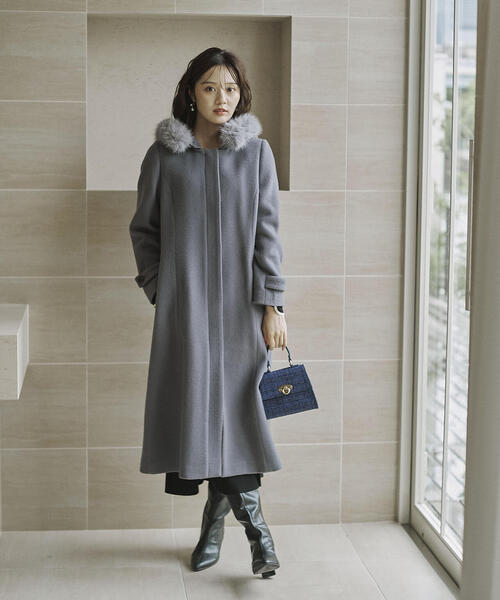 モッサフードフェイクファーロングコート / 1215252102（ステンカラー