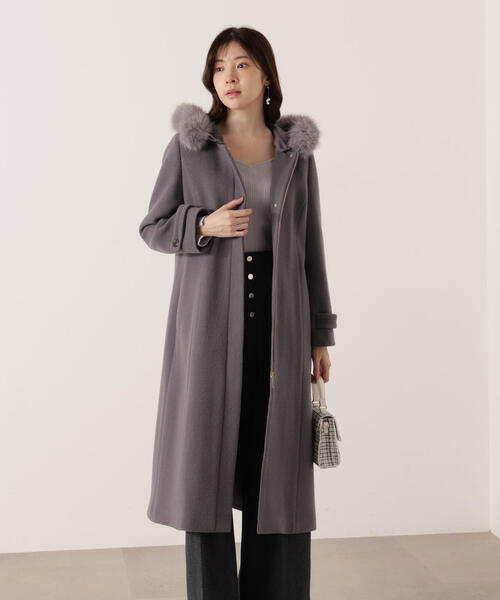 モッサフードフェイクファーロングコート / 1215252102（ステンカラー