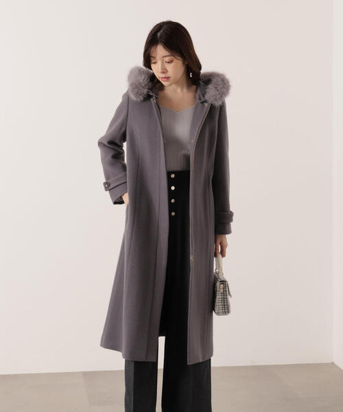 モッサフードフェイクファーロングコート / 1215252102（ステンカラー