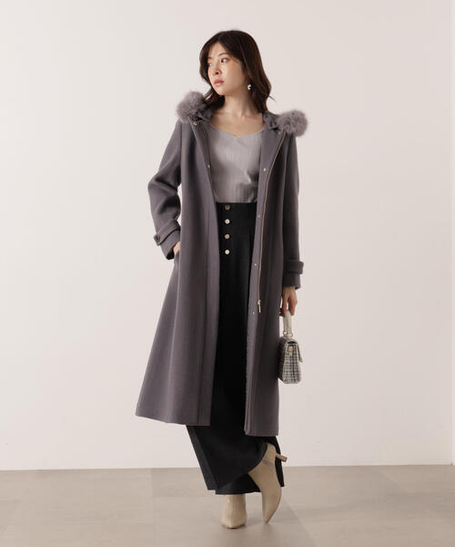 モッサフードフェイクファーロングコート / 1215252102（ステンカラー