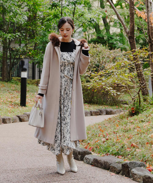 モッサフードフェイクファーロングコート / 1215252102（ステンカラー