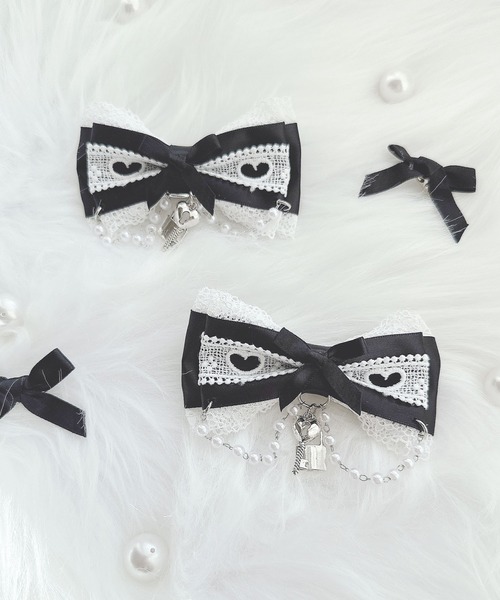 MA*RS(アメーバーマーズ)の「キー&パドロック×ハートレースりぼんクリップ2個SET(バレッタ/ヘアクリップ・レディース・ブラック/ピンク系その他/ホワイト/ブラック×ホワイト・FREE)」の9枚目の写真