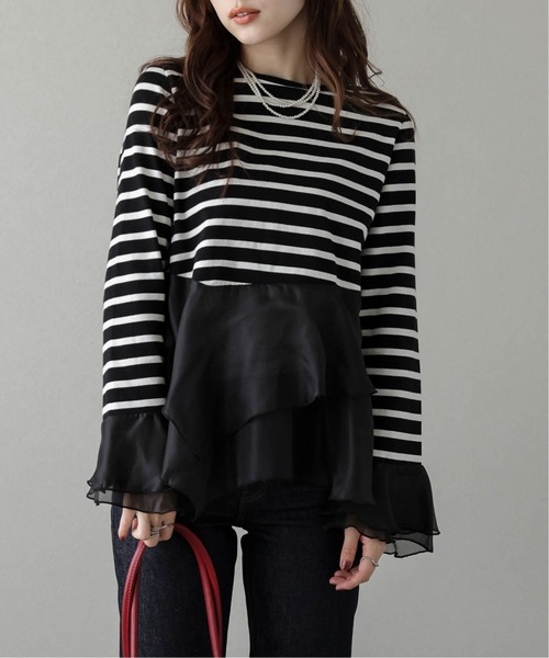 SUGAR BISKET(シュガービスケット)の「シフォンフリルボーダートップス(Tシャツ/カットソー・レディース・ブラック/ネイビー・フリー)」の2枚目の写真