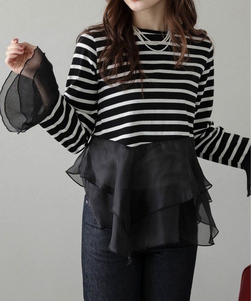 SUGAR BISKET(シュガービスケット)の「シフォンフリルボーダートップス(Tシャツ/カットソー・レディース・ブラック/ネイビー・フリー)」の3枚目の写真